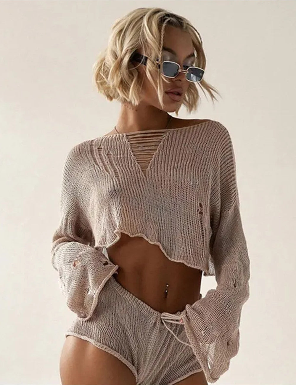 Two Piece Knit Long Sleeve Beach set