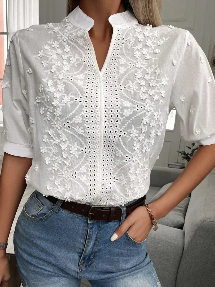 Embroidery Short Sleeve V-Collar Blouse
