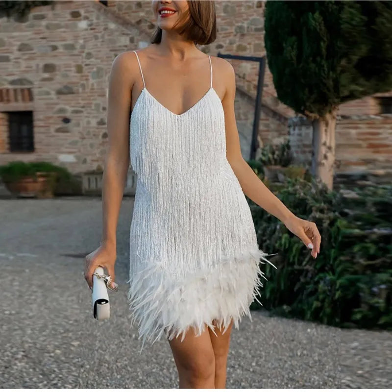 Feather Mini Dress Spaghetti Strap