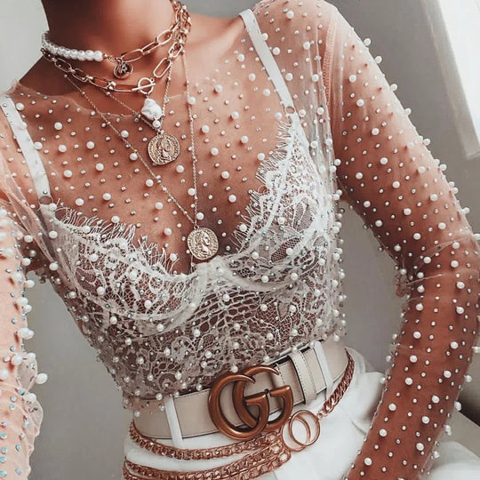 Pearly See Through Mesh Crop Top