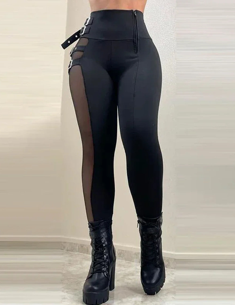 Chic High Waist Black Elegant Buckled Leggings