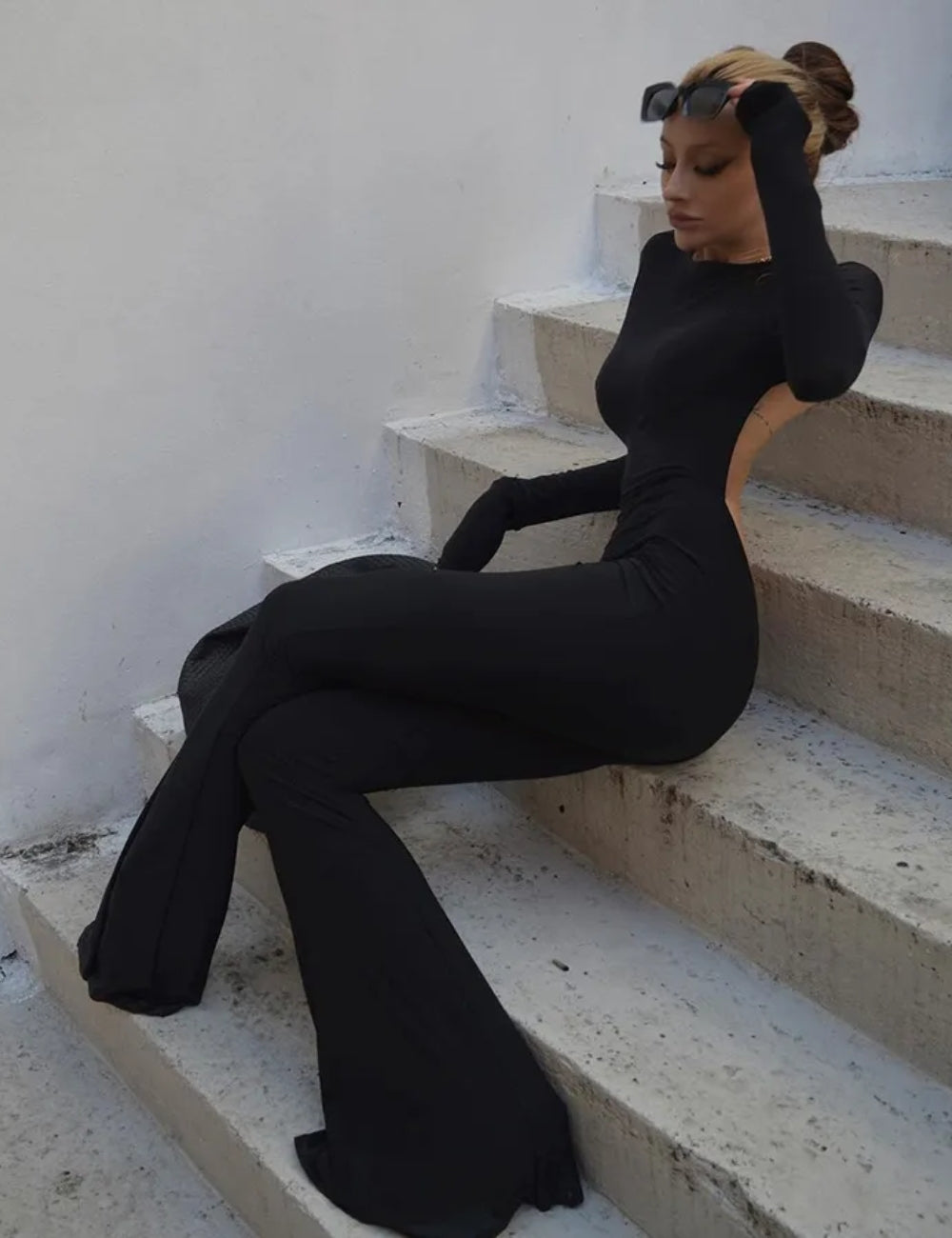 Backless Bodycon Solid Black Flare Jumpsuit