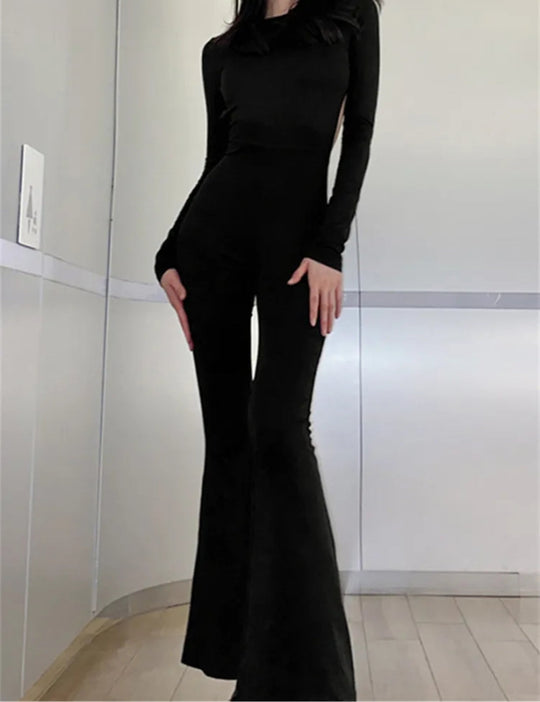 Backless Bodycon Solid Black Flare Jumpsuit