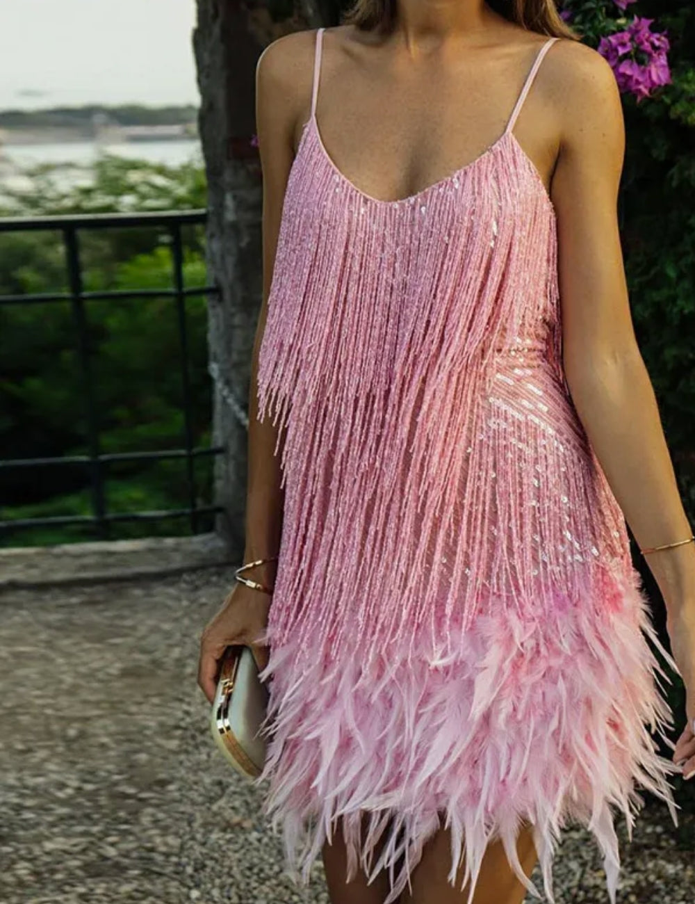 Feather Mini Dress Spaghetti Strap