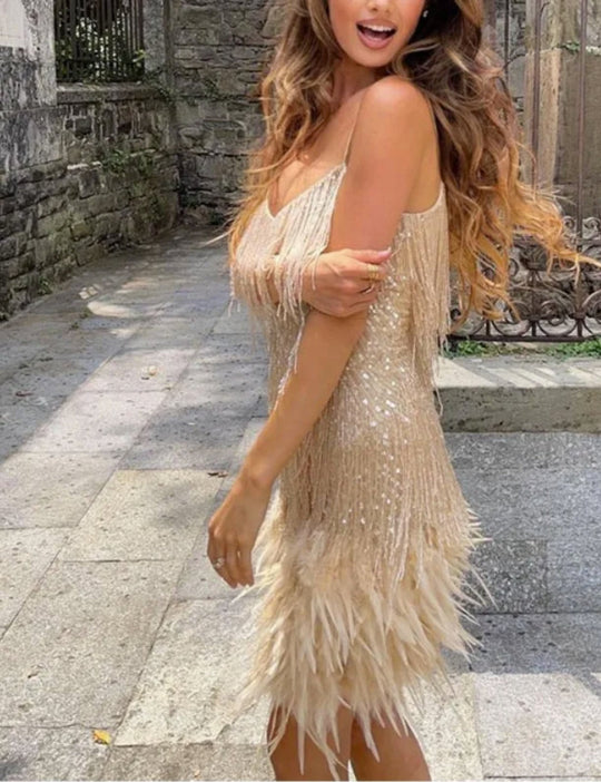 Feather Mini Dress Spaghetti Strap