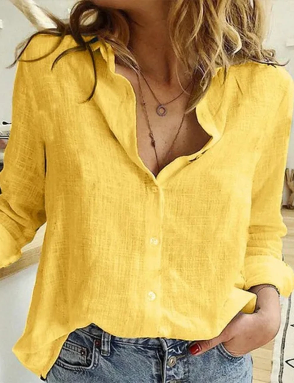 Button Lapel Long Sleeve Blouse