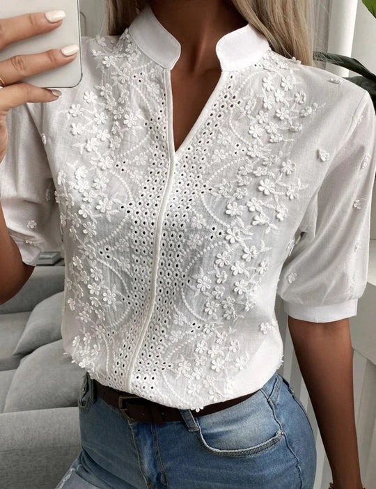 Embroidery Short Sleeve V-Collar Blouse