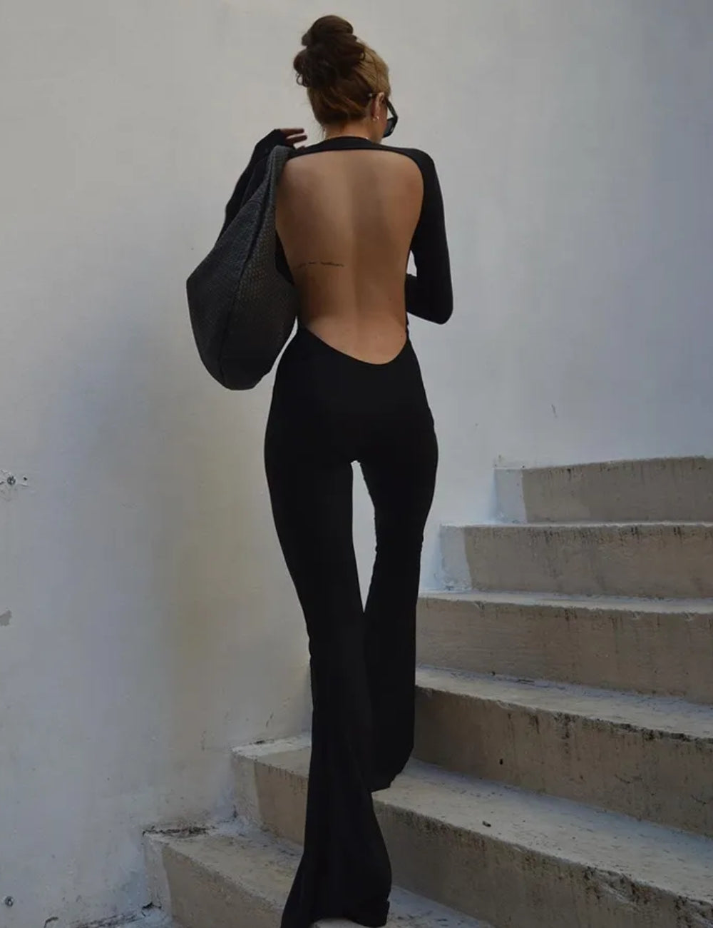 Backless Bodycon Solid Black Flare Jumpsuit