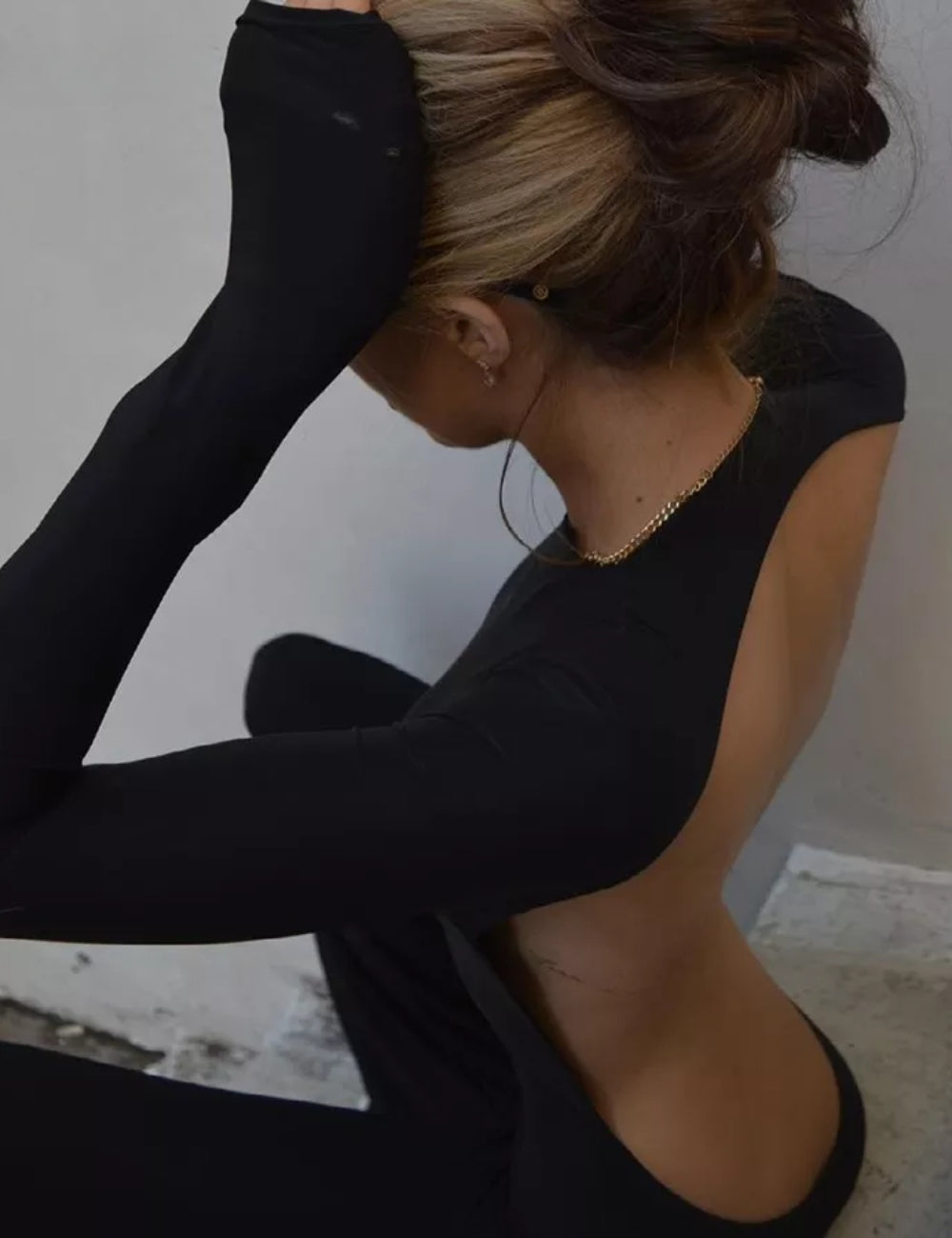 Backless Bodycon Solid Black Flare Jumpsuit